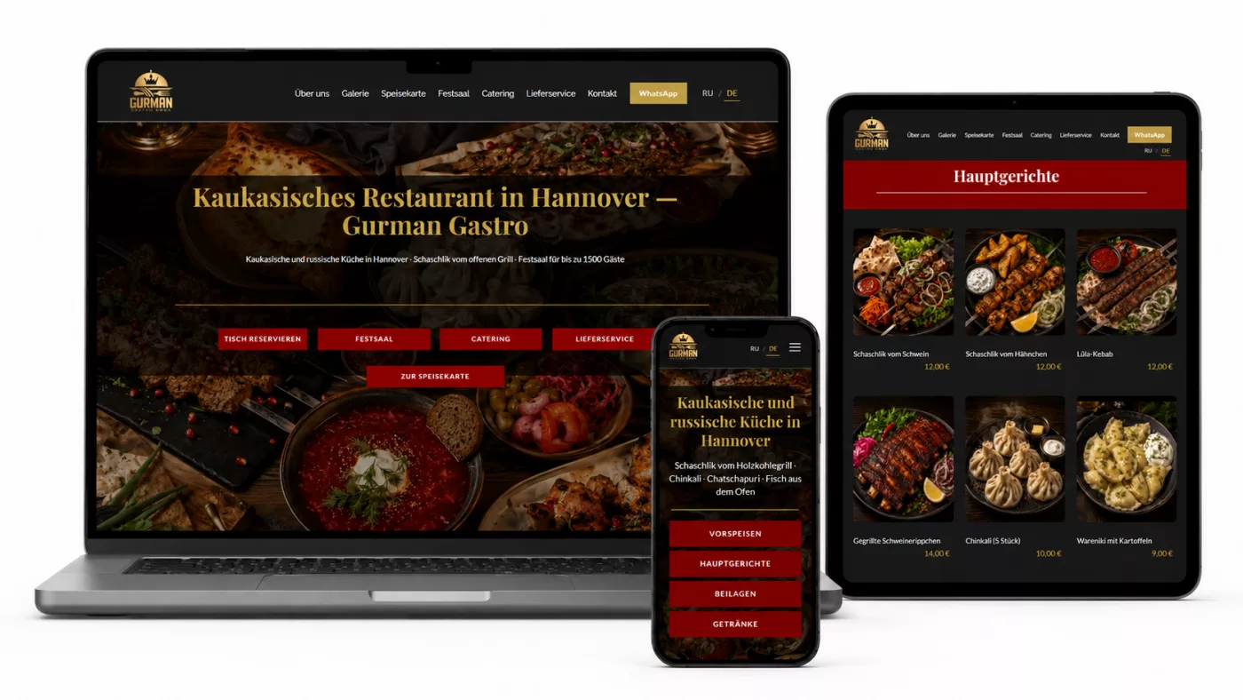 Website von Gurman Gastro, kaukasisches Restaurant in Hannover, auf mehreren Geräten