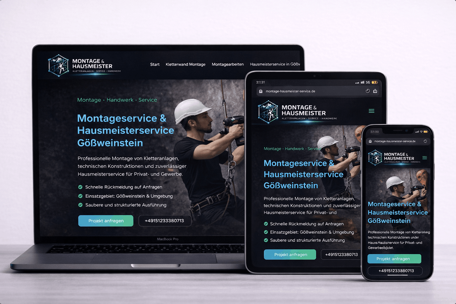 Responsive Website für Montageservice und Hausmeisterservice in Gößweinstein – Darstellung auf Laptop, Tablet und Smartphone