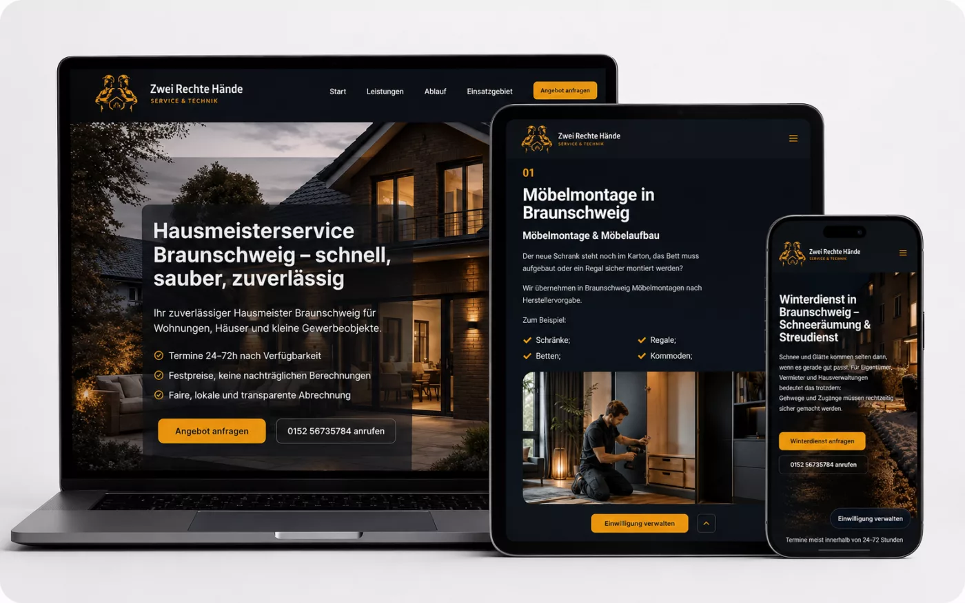 Website des Hausmeisterservice Zwei Rechte Hände in Braunschweig auf mehreren Geräten